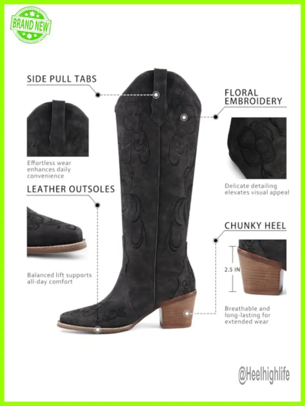 Knee High Cowgirl Boots with Floral Embroidery Snip Toe Pull On